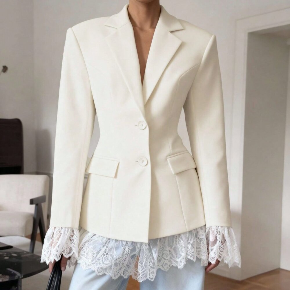 Apricot Elegant Women's Lace Patchwork Blazer Jacket - Picture 6 of 6